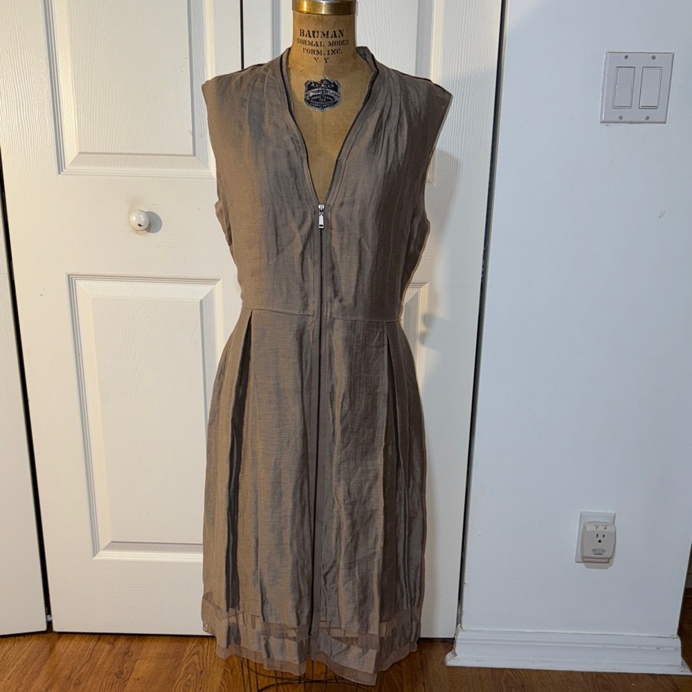 Elie Tahari Taupe Zip-Front Midi Dress